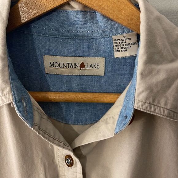 Vintage 90s Mountain Lake Work Shirt Khaki Oversized Button Down Mens Small - Picture 2 of 5